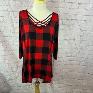 NWT boutique buffalo plaid check crisscross neckline 3/4 sleeve top womens
